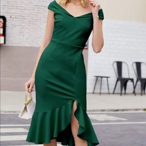 Zip back ruffle asymmetrical hem midi dress